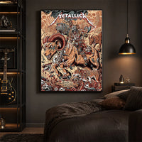 Metallica M72 World Tour June 29 2025 Empower Field At Mile High Denver Colorado United States poster canvas by Juan Ma Orozco featuring a skull-faced warrior riding a horned beast, wolves, skulls, bones, flowers, rocky mountains and Denver event text.