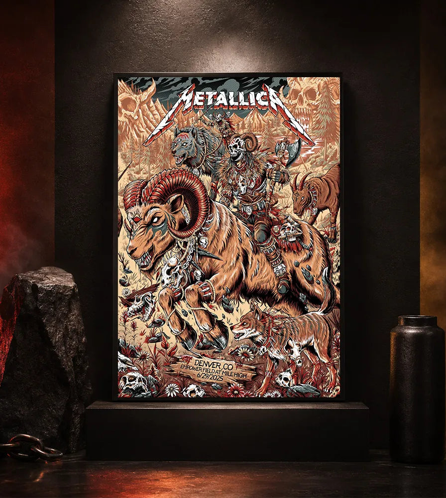 Metallica M72 World Tour June 29 2025 Empower Field At Mile High Denver Colorado United States poster canvas by Juan Ma Orozco featuring a skull-faced warrior riding a horned beast, wolves, skulls, bones, flowers, rocky mountains and Denver event text.