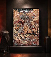 Metallica M72 World Tour June 29 2025 Empower Field At Mile High Denver Colorado United States poster canvas by Juan Ma Orozco featuring a skull-faced warrior riding a horned beast, wolves, skulls, bones, flowers, rocky mountains and Denver event text.
