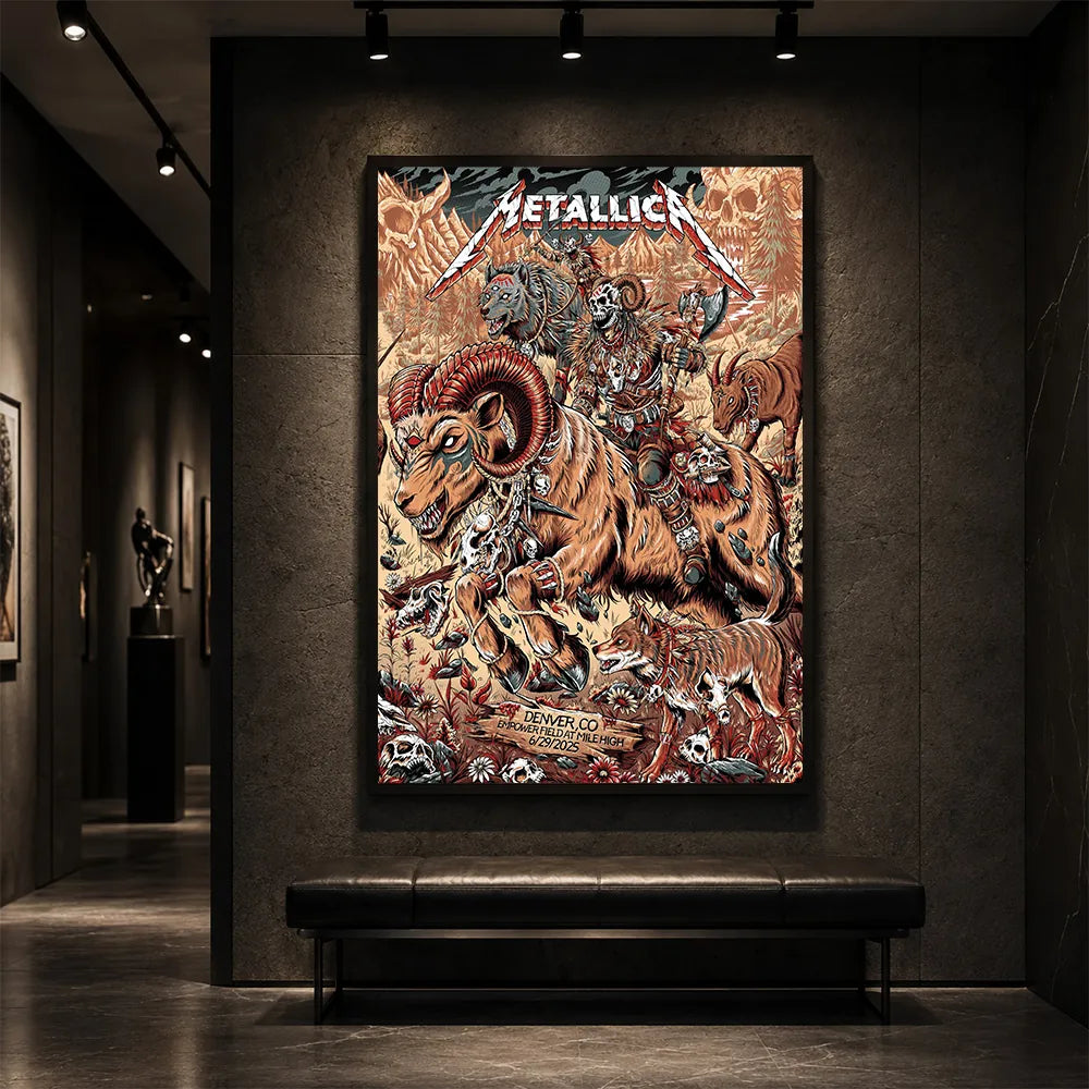 Metallica M72 World Tour June 29 2025 Empower Field At Mile High Denver Colorado United States poster canvas by Juan Ma Orozco featuring a skull-faced warrior riding a horned beast, wolves, skulls, bones, flowers, rocky mountains and Denver event text.