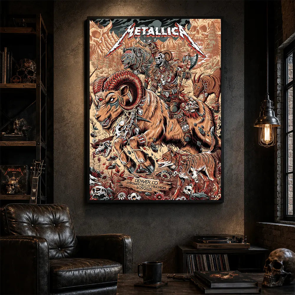 Metallica M72 World Tour June 29 2025 Empower Field At Mile High Denver Colorado United States poster canvas by Juan Ma Orozco featuring a skull-faced warrior riding a horned beast, wolves, skulls, bones, flowers, rocky mountains and Denver event text.