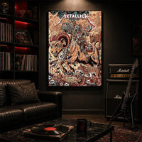 Metallica M72 World Tour June 29 2025 Empower Field At Mile High Denver Colorado United States poster canvas by Juan Ma Orozco featuring a skull-faced warrior riding a horned beast, wolves, skulls, bones, flowers, rocky mountains and Denver event text.
