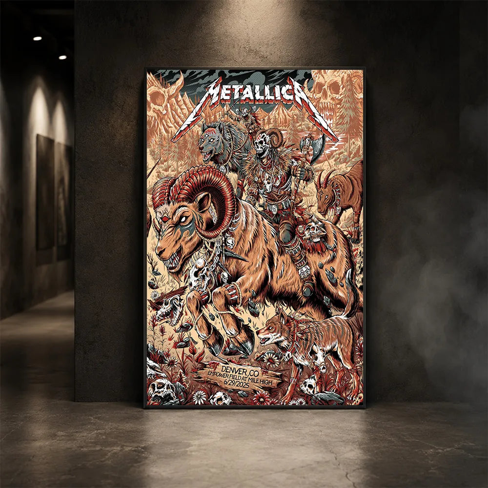 Metallica M72 World Tour June 29 2025 Empower Field At Mile High Denver Colorado United States poster canvas by Juan Ma Orozco featuring a skull-faced warrior riding a horned beast, wolves, skulls, bones, flowers, rocky mountains and Denver event text.