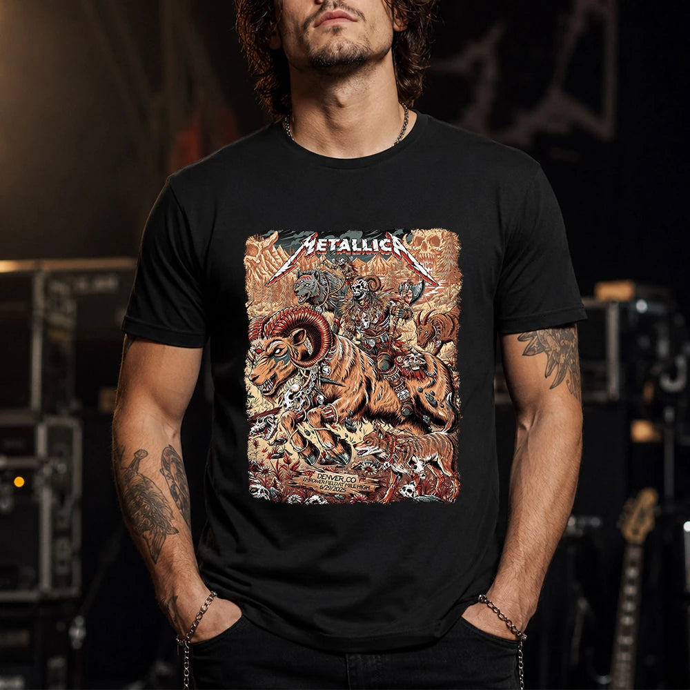 Metallica M72 World Tour June 29 2025 Empower Field At Mile High Denver Colorado United States T-shirt by Juan Ma Orozco featuring a skull-faced warrior riding a horned beast, wolves, skulls, bones, flowers, rocky mountains and Denver event text.