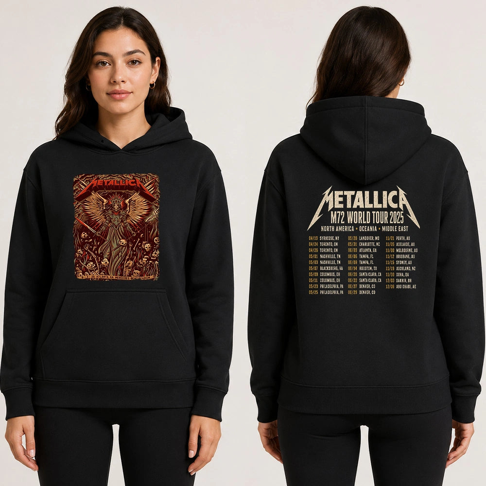 Metallica M72 World Tour June 3 2025 Mercedes-Benz Stadium Atlanta Georgia United States 2 side T-shirt by Dave Quiggle featuring a winged skeletal queen with a spiked crown, skull-tipped weapons, skulls, bones, flames and M72 tour back print.