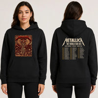 Metallica M72 World Tour June 3 2025 Mercedes-Benz Stadium Atlanta Georgia United States 2 side T-shirt by Dave Quiggle featuring a winged skeletal queen with a spiked crown, skull-tipped weapons, skulls, bones, flames and M72 tour back print.