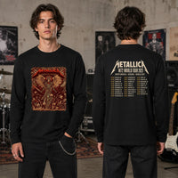 Metallica M72 World Tour June 3 2025 Mercedes-Benz Stadium Atlanta Georgia United States 2 side T-shirt by Dave Quiggle featuring a winged skeletal queen with a spiked crown, skull-tipped weapons, skulls, bones, flames and M72 tour back print.