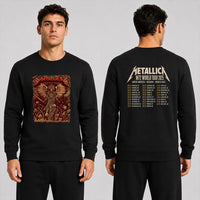 Metallica M72 World Tour June 3 2025 Mercedes-Benz Stadium Atlanta Georgia United States 2 side T-shirt by Dave Quiggle featuring a winged skeletal queen with a spiked crown, skull-tipped weapons, skulls, bones, flames and M72 tour back print.