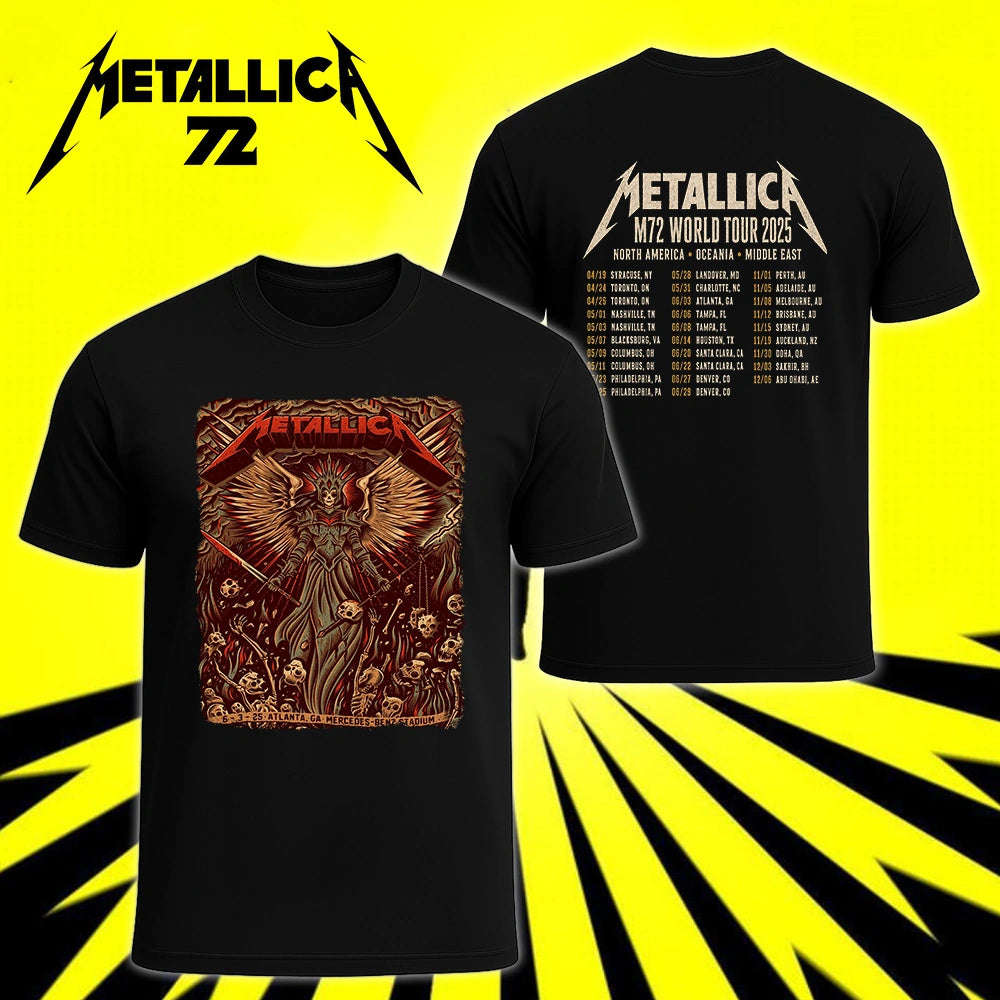 Metallica M72 World Tour June 3 2025 Mercedes-Benz Stadium Atlanta Georgia United States 2 side T-shirt by Dave Quiggle featuring a winged skeletal queen with a spiked crown, skull-tipped weapons, skulls, bones, flames and M72 tour back print.
