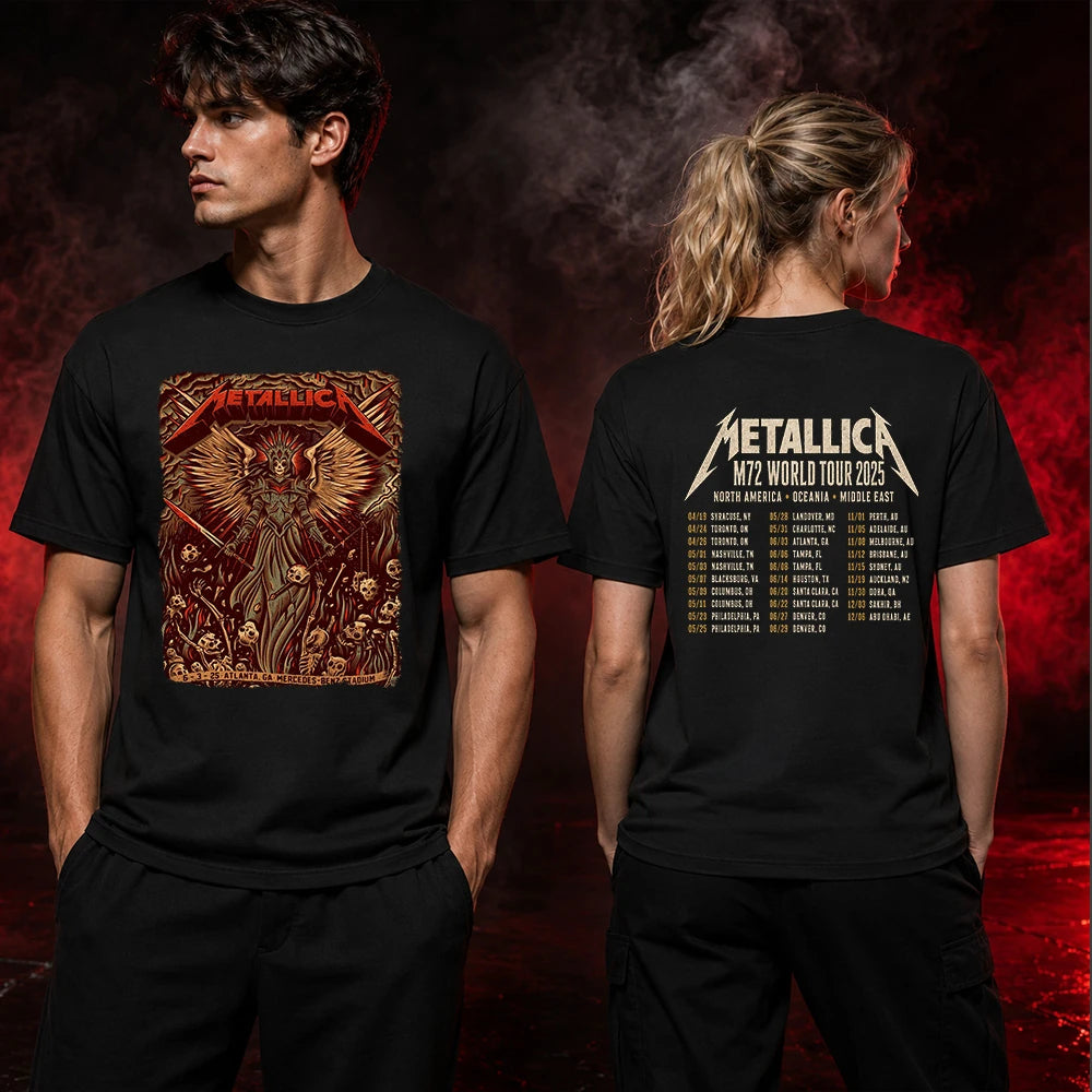 Metallica M72 World Tour June 3 2025 Mercedes-Benz Stadium Atlanta Georgia United States 2 side T-shirt by Dave Quiggle featuring a winged skeletal queen with a spiked crown, skull-tipped weapons, skulls, bones, flames and M72 tour back print.