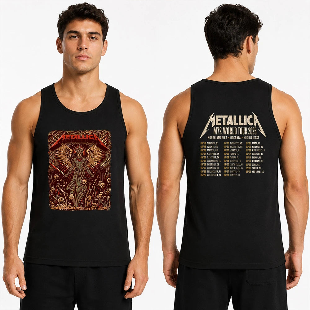 Metallica M72 World Tour June 3 2025 Mercedes-Benz Stadium Atlanta Georgia United States 2 side T-shirt by Dave Quiggle featuring a winged skeletal queen with a spiked crown, skull-tipped weapons, skulls, bones, flames and M72 tour back print.
