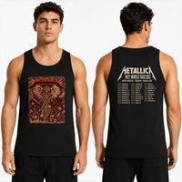 Metallica M72 World Tour June 3 2025 Mercedes-Benz Stadium Atlanta Georgia United States 2 side T-shirt by Dave Quiggle featuring a winged skeletal queen with a spiked crown, skull-tipped weapons, skulls, bones, flames and M72 tour back print.