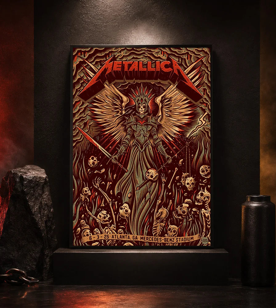 Metallica M72 World Tour June 3 2025 Mercedes-Benz Stadium Atlanta Georgia United States poster canvas by Dave Quiggle featuring a winged skeletal queen with a spiked crown, skull-tipped weapons, skulls, bones, flames and Atlanta event text.