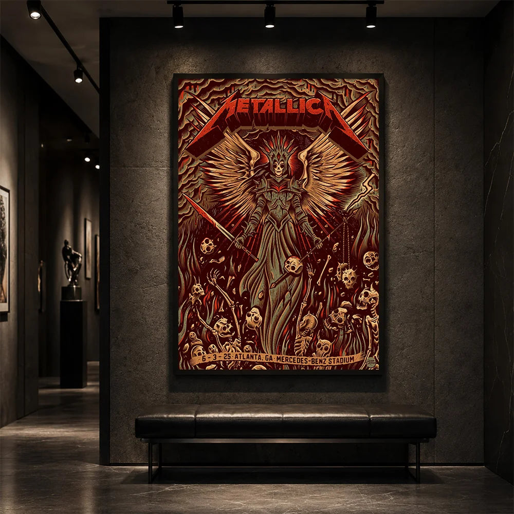 Metallica M72 World Tour June 3 2025 Mercedes-Benz Stadium Atlanta Georgia United States poster canvas by Dave Quiggle featuring a winged skeletal queen with a spiked crown, skull-tipped weapons, skulls, bones, flames and Atlanta event text.