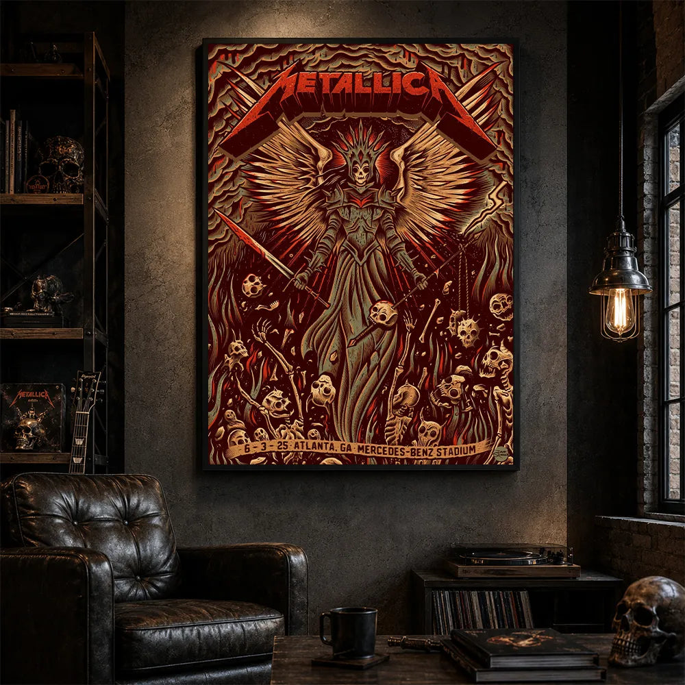 Metallica M72 World Tour June 3 2025 Mercedes-Benz Stadium Atlanta Georgia United States poster canvas by Dave Quiggle featuring a winged skeletal queen with a spiked crown, skull-tipped weapons, skulls, bones, flames and Atlanta event text.