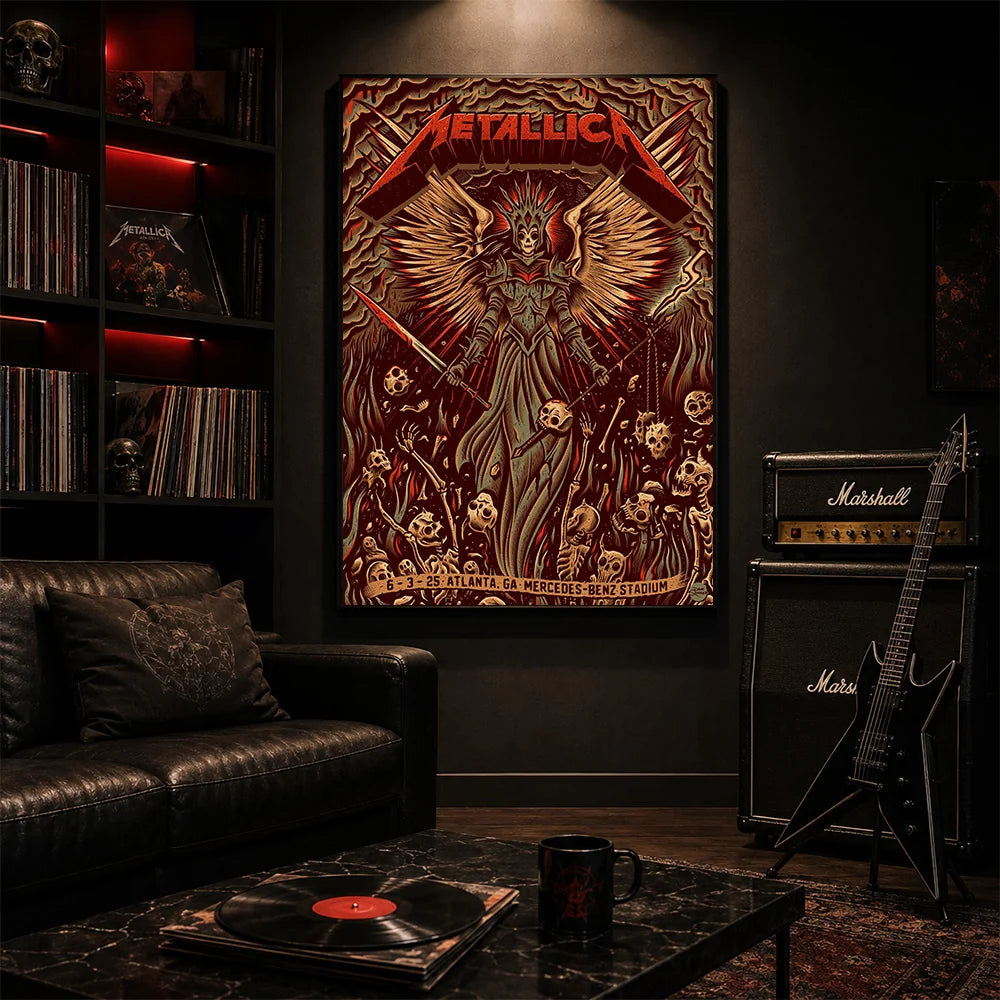 Metallica M72 World Tour June 3 2025 Mercedes-Benz Stadium Atlanta Georgia United States poster canvas by Dave Quiggle featuring a winged skeletal queen with a spiked crown, skull-tipped weapons, skulls, bones, flames and Atlanta event text.