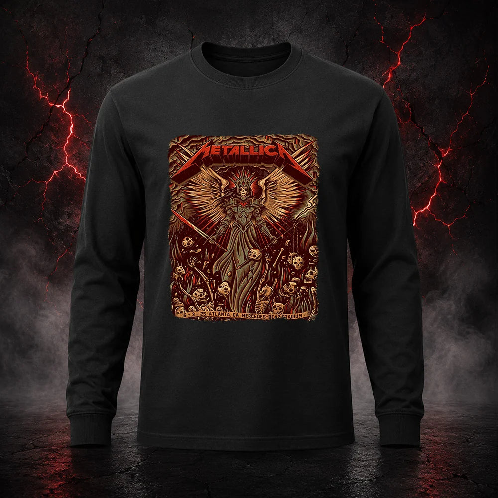 Metallica M72 World Tour June 3 2025 Mercedes-Benz Stadium Atlanta Georgia United States T-shirt by Dave Quiggle featuring a winged skeletal queen with a spiked crown, skull-tipped weapons, skulls, bones, flames and Atlanta event text.