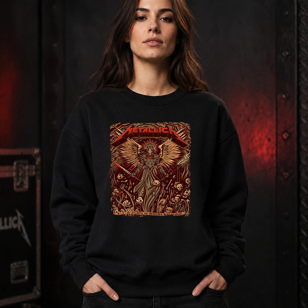 Metallica M72 World Tour June 3 2025 Mercedes-Benz Stadium Atlanta Georgia United States T-shirt by Dave Quiggle featuring a winged skeletal queen with a spiked crown, skull-tipped weapons, skulls, bones, flames and Atlanta event text.
