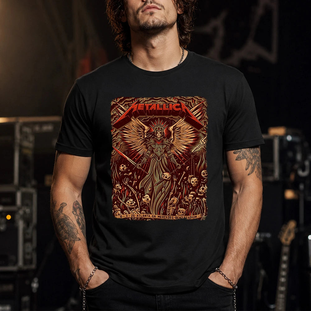 Metallica M72 World Tour June 3 2025 Mercedes-Benz Stadium Atlanta Georgia United States T-shirt by Dave Quiggle featuring a winged skeletal queen with a spiked crown, skull-tipped weapons, skulls, bones, flames and Atlanta event text.