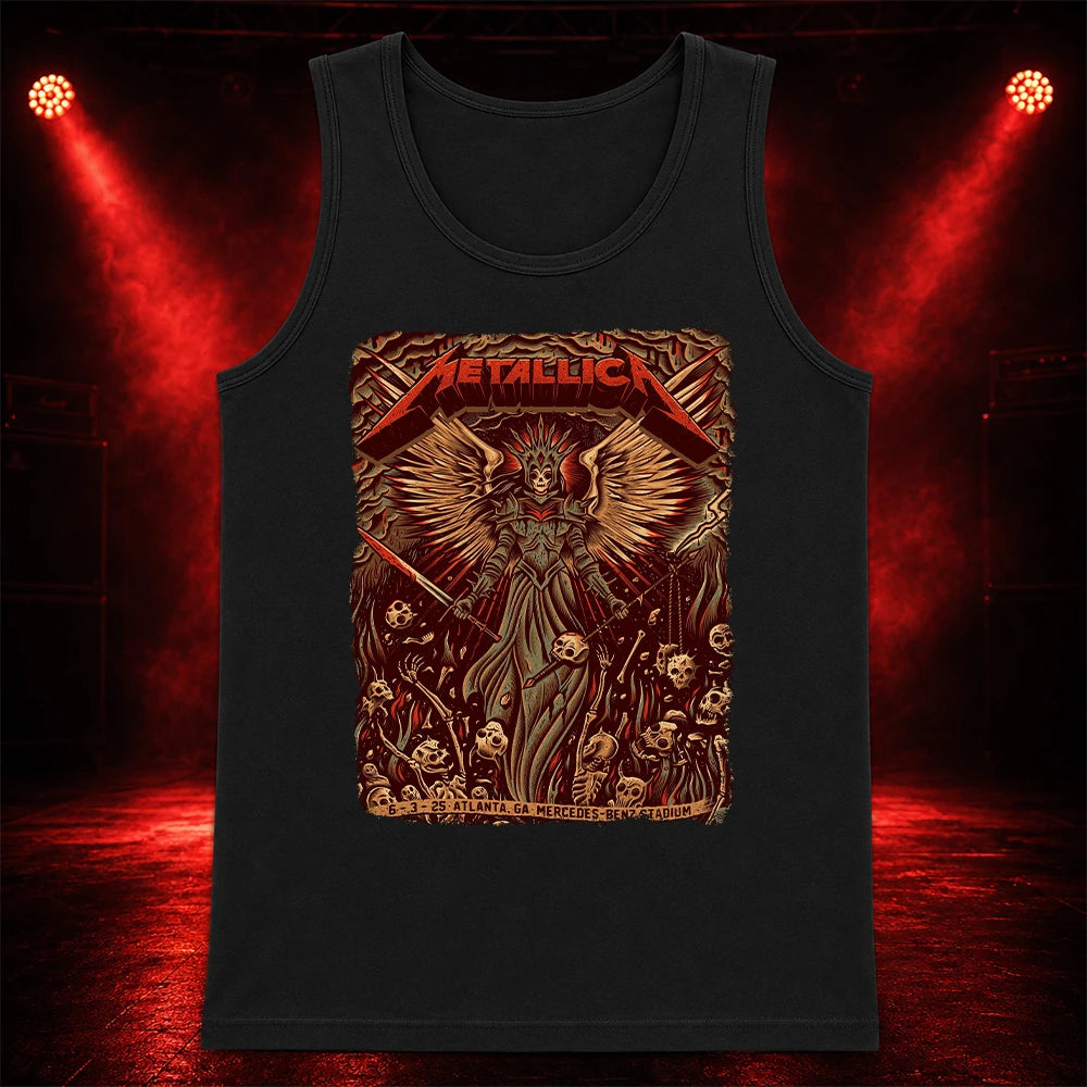 Metallica M72 World Tour June 3 2025 Mercedes-Benz Stadium Atlanta Georgia United States T-shirt by Dave Quiggle featuring a winged skeletal queen with a spiked crown, skull-tipped weapons, skulls, bones, flames and Atlanta event text.