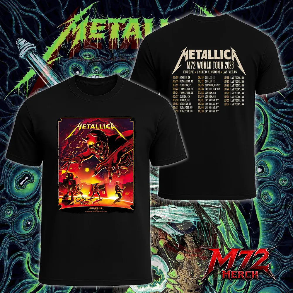Metallica M72 World Tour June 3 2026 At Stadio Renato Dall’Ara Bologna Italy Demon Stage Artwork By Nino Cammarata Two Sided T-Shirt