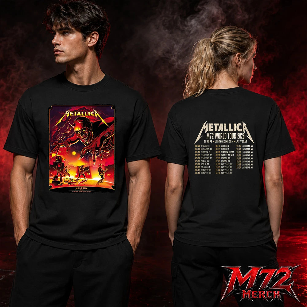 Metallica M72 World Tour June 3 2026 At Stadio Renato Dall’Ara Bologna Italy Demon Stage Artwork By Nino Cammarata Two Sided T-Shirt