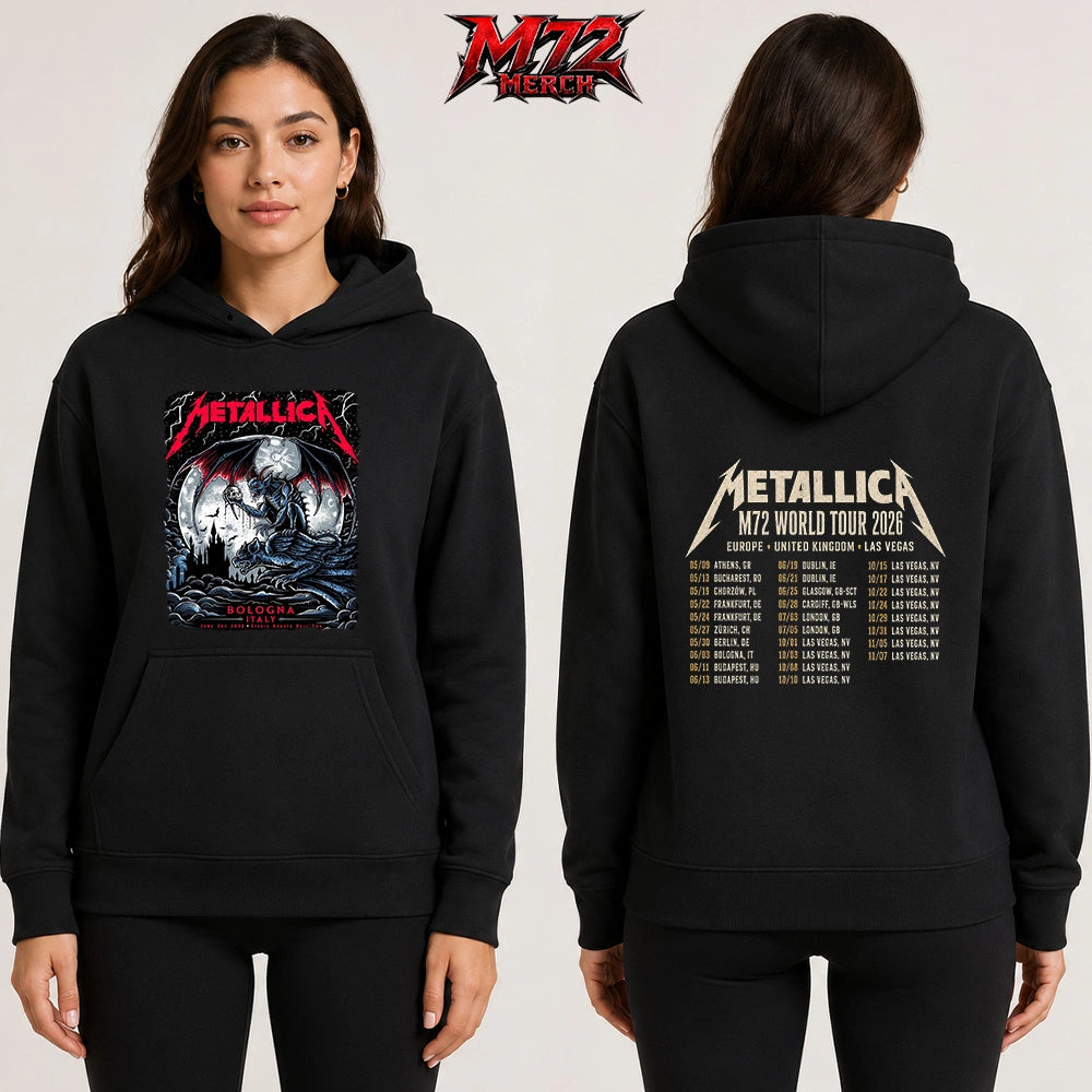 Metallica M72 World Tour June 3 2026 At Stadio Renato Dall’Ara Bologna Italy Gargoyle Moon Artwork By Keith Stanley Two Sided Hoodie