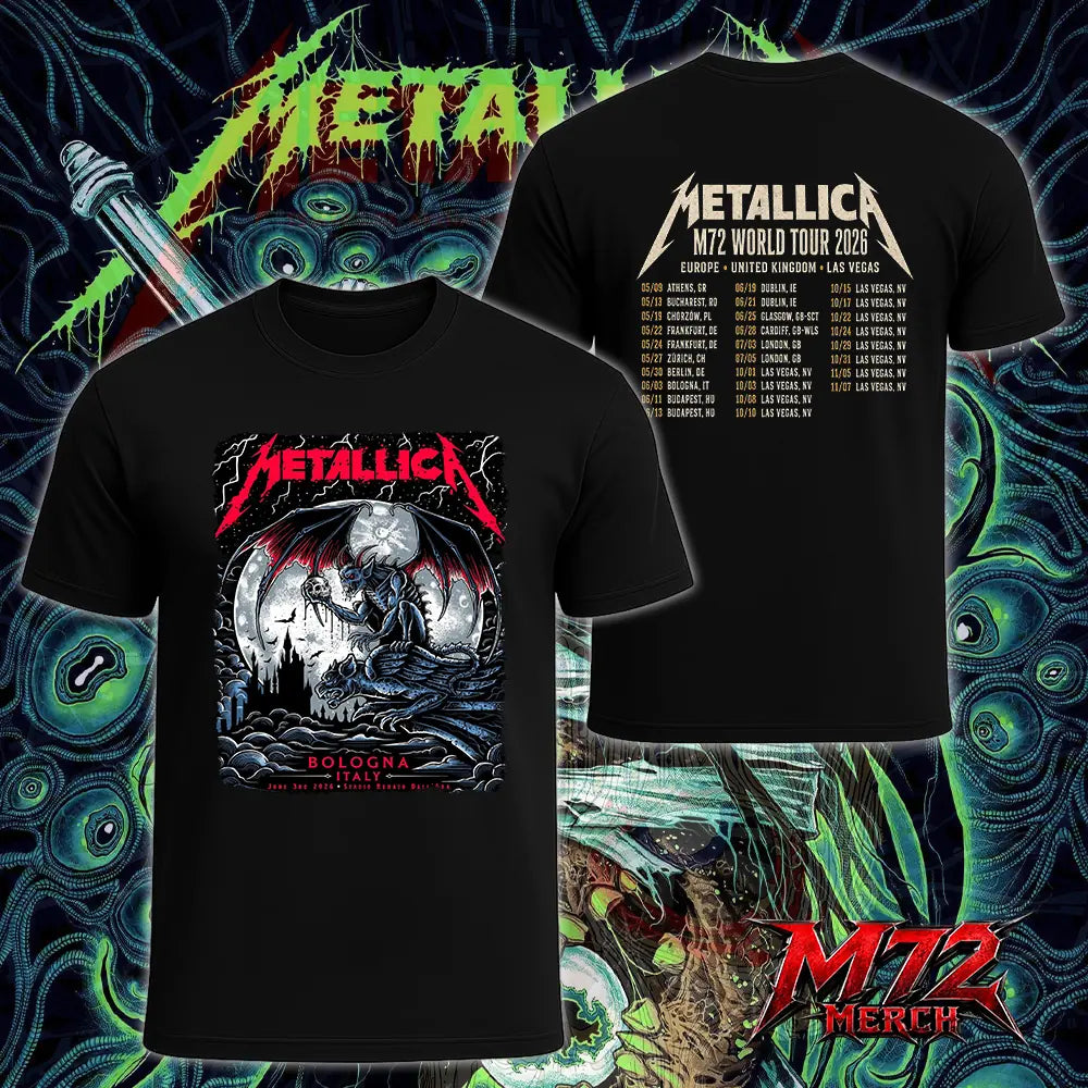 Metallica M72 World Tour June 3 2026 At Stadio Renato Dall’Ara Bologna Italy Gargoyle Moon Artwork By Keith Stanley Two Sided T-Shirt