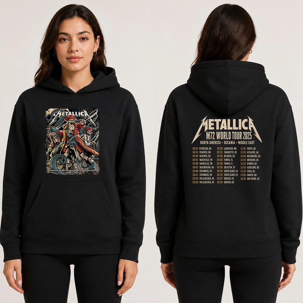 Metallica M72 World Tour June 6 2025 Raymond James Stadium Tampa Florida United States 2 side T-shirt by Andrew Cremeans featuring a skeletal pirate captain, undead crew members, swords, giant tentacles, lightning, ship rigging and M72 tour back print.