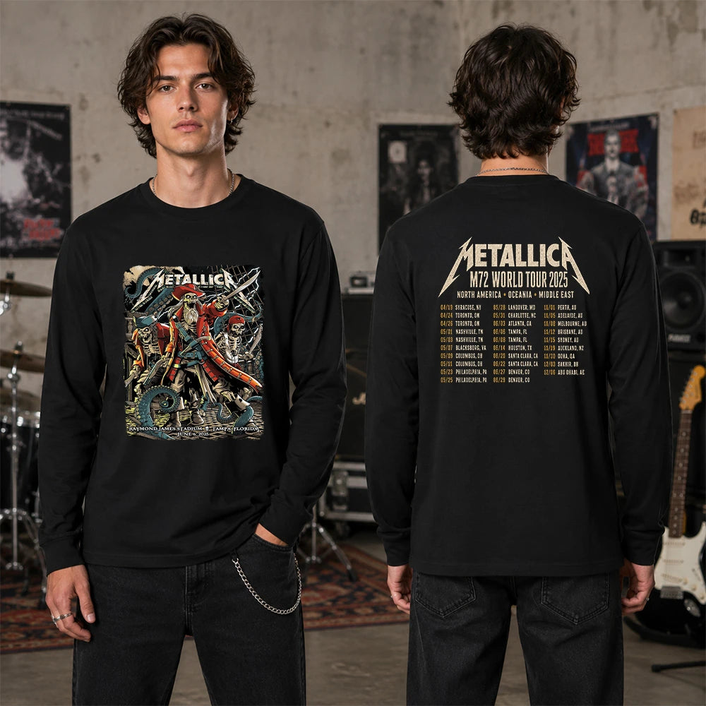 Metallica M72 World Tour June 6 2025 Raymond James Stadium Tampa Florida United States 2 side T-shirt by Andrew Cremeans featuring a skeletal pirate captain, undead crew members, swords, giant tentacles, lightning, ship rigging and M72 tour back print.