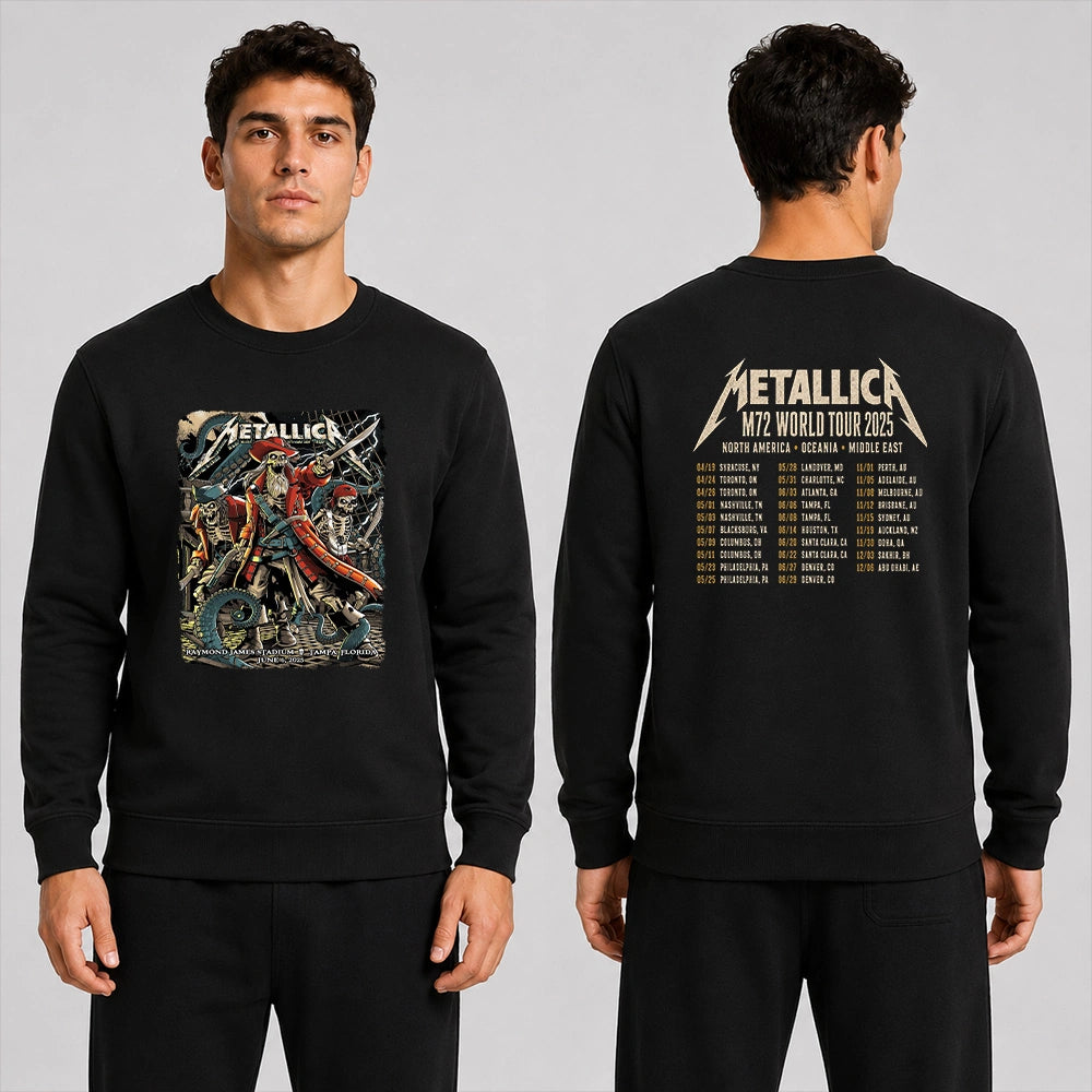 Metallica M72 World Tour June 6 2025 Raymond James Stadium Tampa Florida United States 2 side T-shirt by Andrew Cremeans featuring a skeletal pirate captain, undead crew members, swords, giant tentacles, lightning, ship rigging and M72 tour back print.
