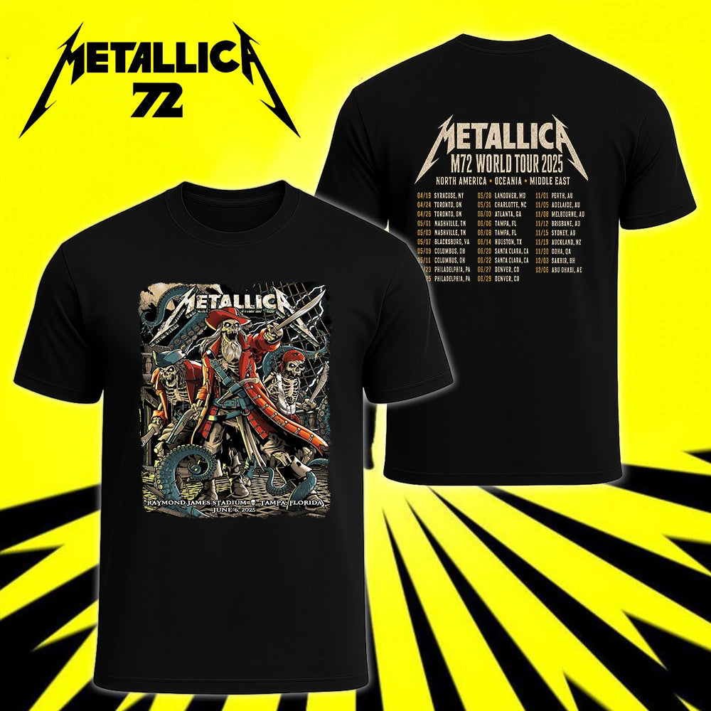 Metallica M72 World Tour June 6 2025 Raymond James Stadium Tampa Florida United States 2 side T-shirt by Andrew Cremeans featuring a skeletal pirate captain, undead crew members, swords, giant tentacles, lightning, ship rigging and M72 tour back print.