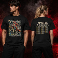 Metallica M72 World Tour June 6 2025 Raymond James Stadium Tampa Florida United States 2 side T-shirt by Andrew Cremeans featuring a skeletal pirate captain, undead crew members, swords, giant tentacles, lightning, ship rigging and M72 tour back print.