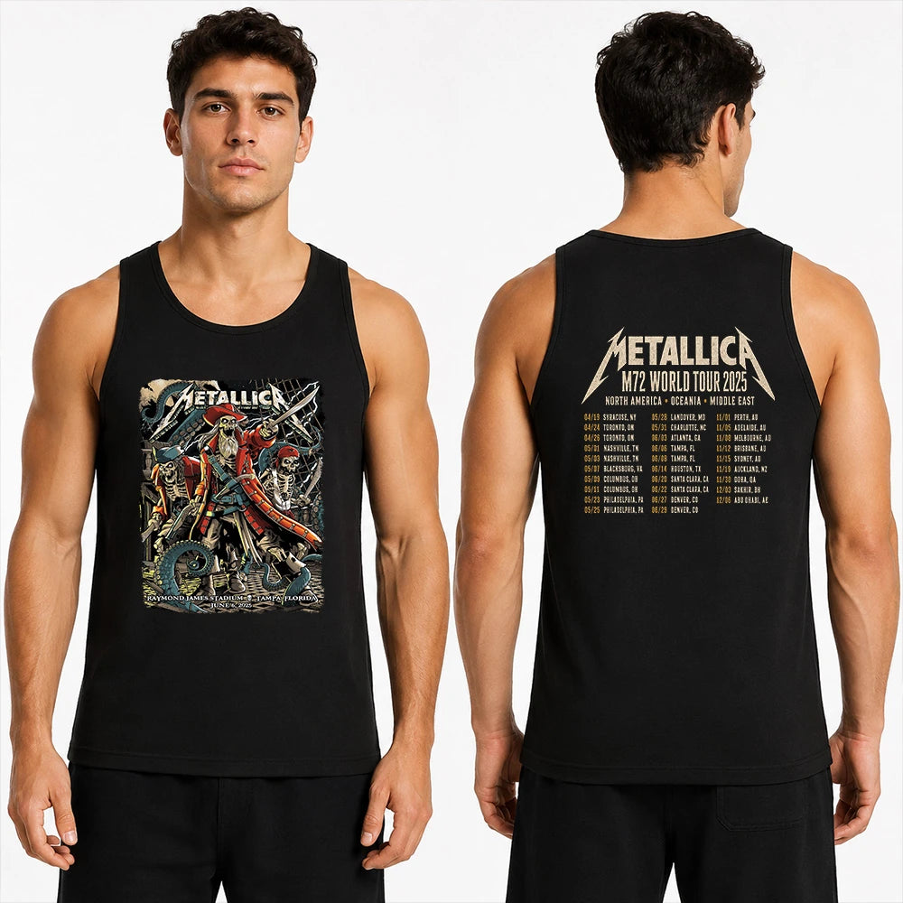 Metallica M72 World Tour June 6 2025 Raymond James Stadium Tampa Florida United States 2 side T-shirt by Andrew Cremeans featuring a skeletal pirate captain, undead crew members, swords, giant tentacles, lightning, ship rigging and M72 tour back print.