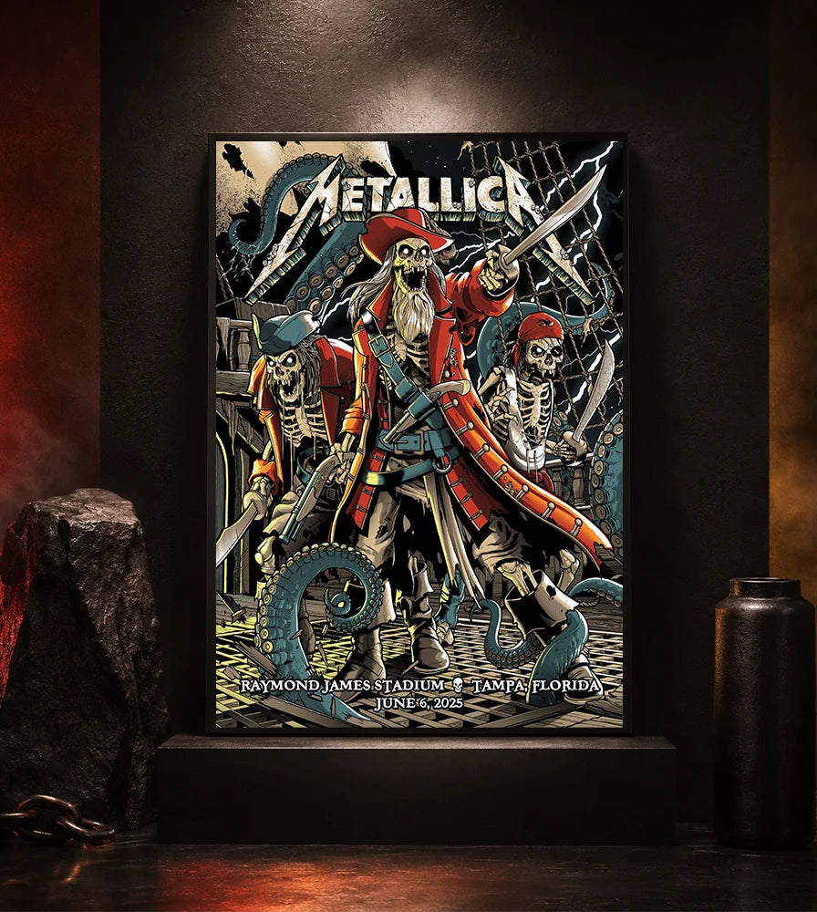 Metallica M72 World Tour June 6 2025 Raymond James Stadium Tampa Florida United States poster canvas by Andrew Cremeans featuring a skeletal pirate captain, undead crew members, swords, giant tentacles, lightning, ship rigging and Tampa event text.