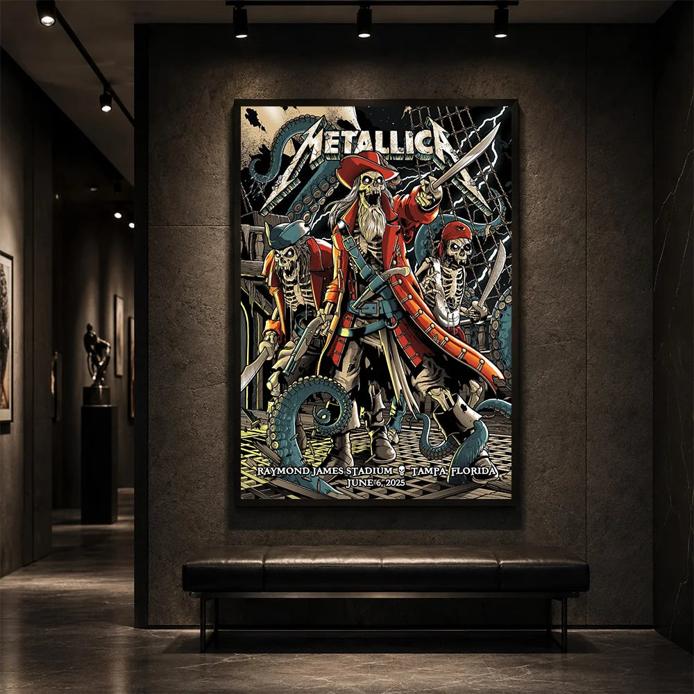 Metallica M72 World Tour June 6 2025 Raymond James Stadium Tampa Florida United States poster canvas by Andrew Cremeans featuring a skeletal pirate captain, undead crew members, swords, giant tentacles, lightning, ship rigging and Tampa event text.