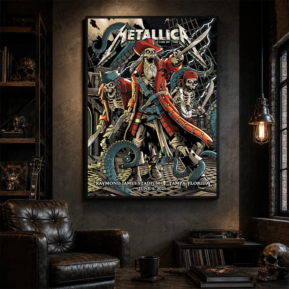 Metallica M72 World Tour June 6 2025 Raymond James Stadium Tampa Florida United States poster canvas by Andrew Cremeans featuring a skeletal pirate captain, undead crew members, swords, giant tentacles, lightning, ship rigging and Tampa event text.