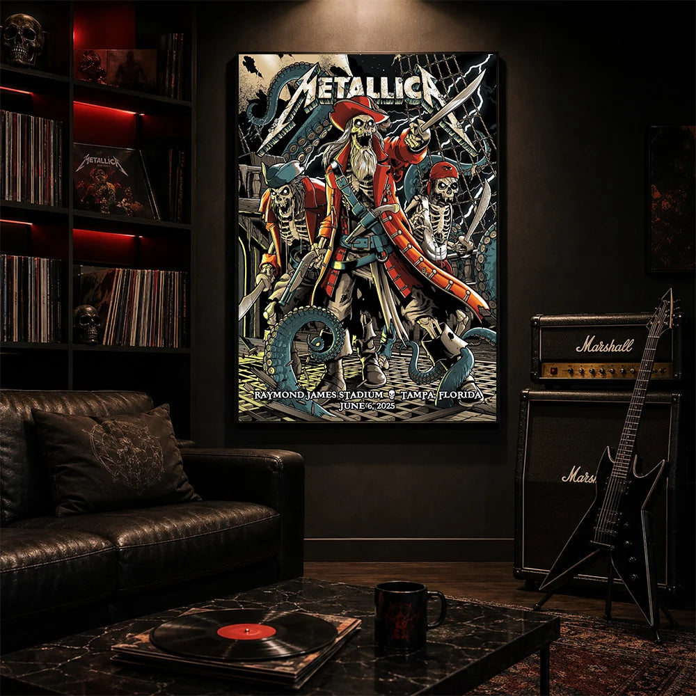 Metallica M72 World Tour June 6 2025 Raymond James Stadium Tampa Florida United States poster canvas by Andrew Cremeans featuring a skeletal pirate captain, undead crew members, swords, giant tentacles, lightning, ship rigging and Tampa event text.