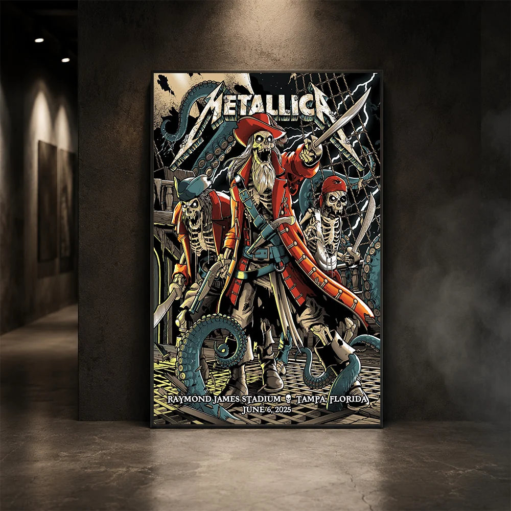 Metallica M72 World Tour June 6 2025 Raymond James Stadium Tampa Florida United States poster canvas by Andrew Cremeans featuring a skeletal pirate captain, undead crew members, swords, giant tentacles, lightning, ship rigging and Tampa event text.