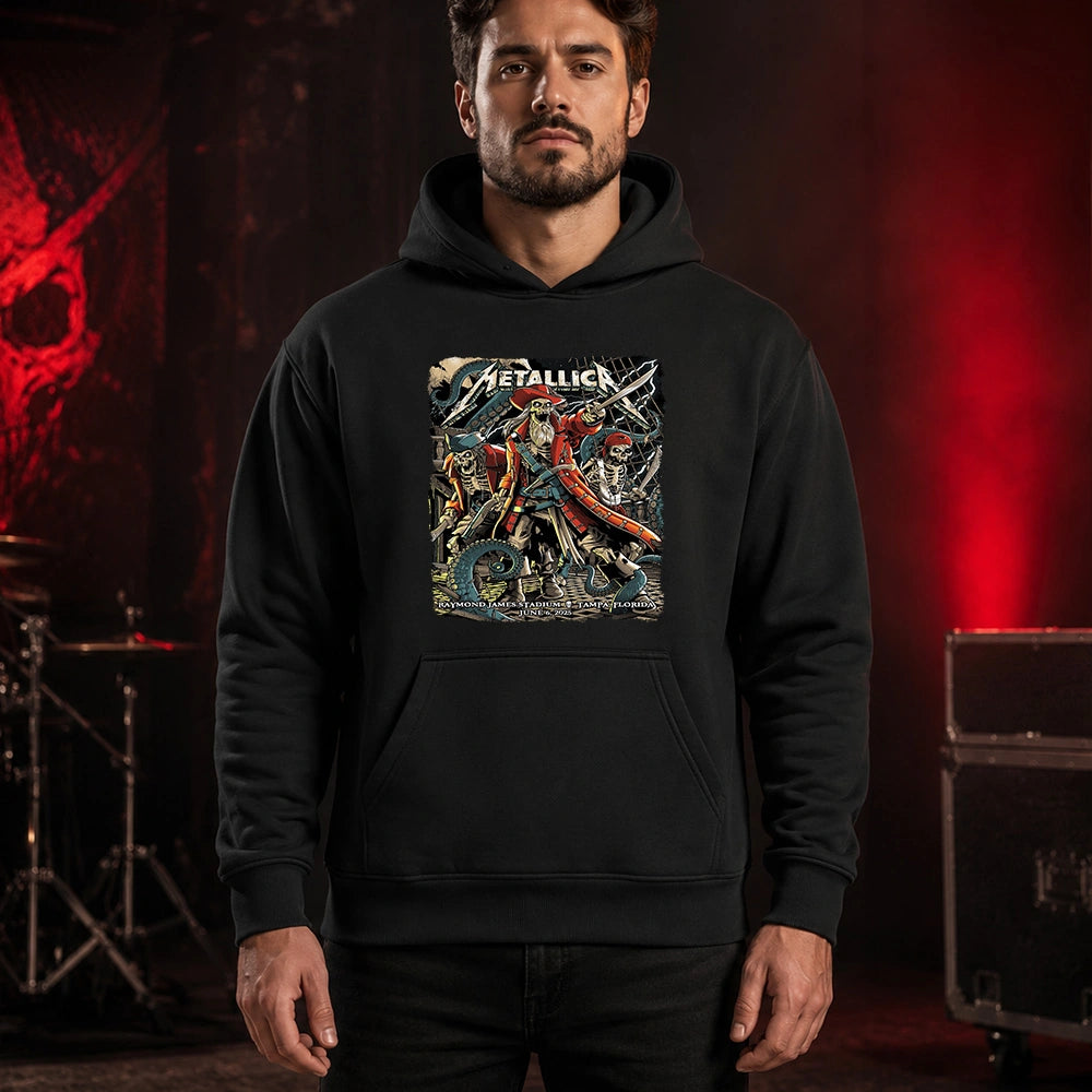 Metallica M72 World Tour June 6 2025 Raymond James Stadium Tampa Florida United States T-shirt by Andrew Cremeans featuring a skeletal pirate captain, undead crew members, swords, giant tentacles, lightning, ship rigging and Tampa event text.