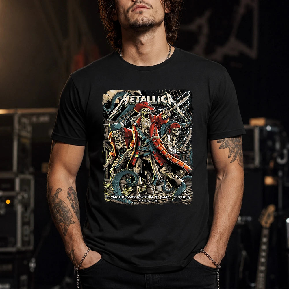 Metallica M72 World Tour June 6 2025 Raymond James Stadium Tampa Florida United States T-shirt by Andrew Cremeans featuring a skeletal pirate captain, undead crew members, swords, giant tentacles, lightning, ship rigging and Tampa event text.