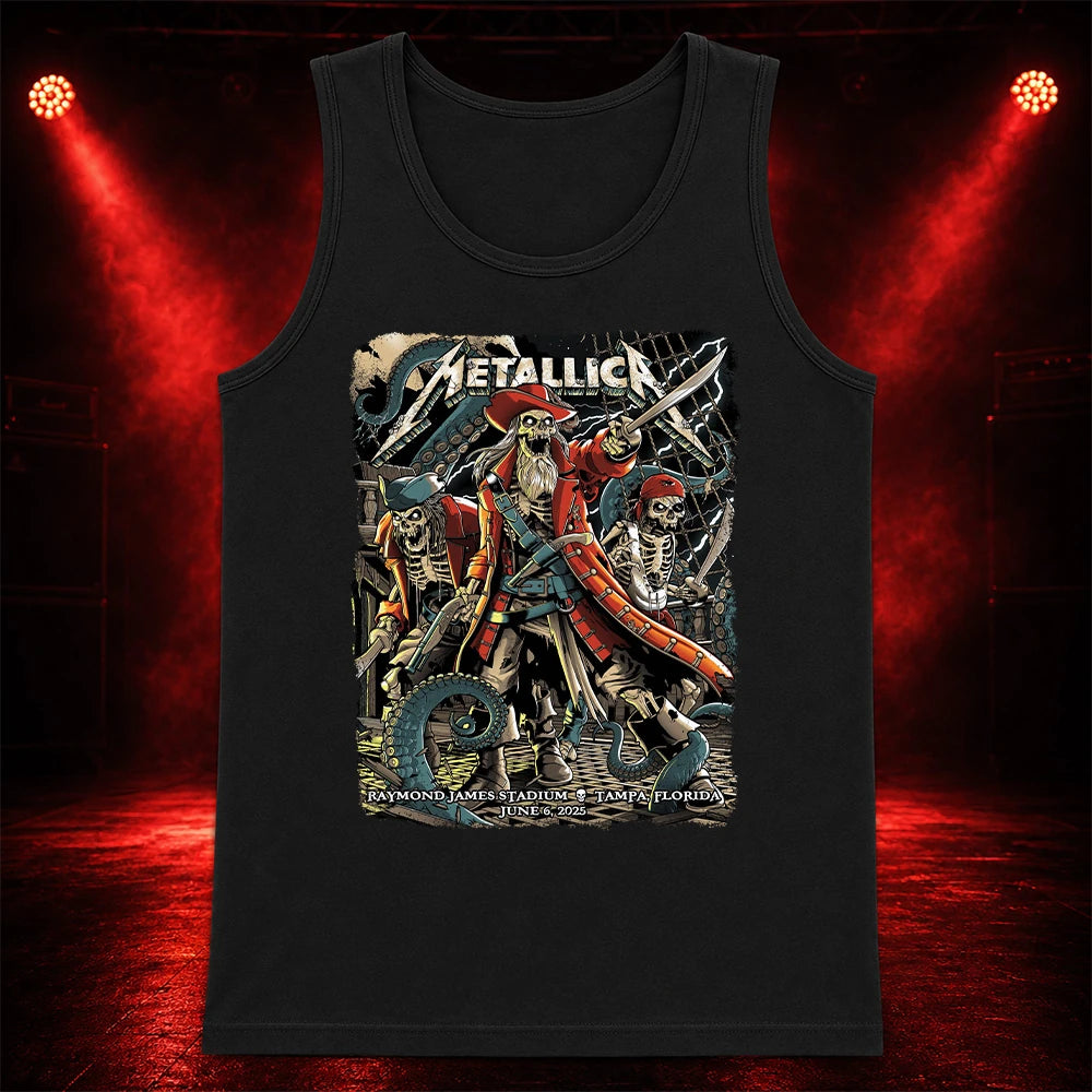 Metallica M72 World Tour June 6 2025 Raymond James Stadium Tampa Florida United States T-shirt by Andrew Cremeans featuring a skeletal pirate captain, undead crew members, swords, giant tentacles, lightning, ship rigging and Tampa event text.