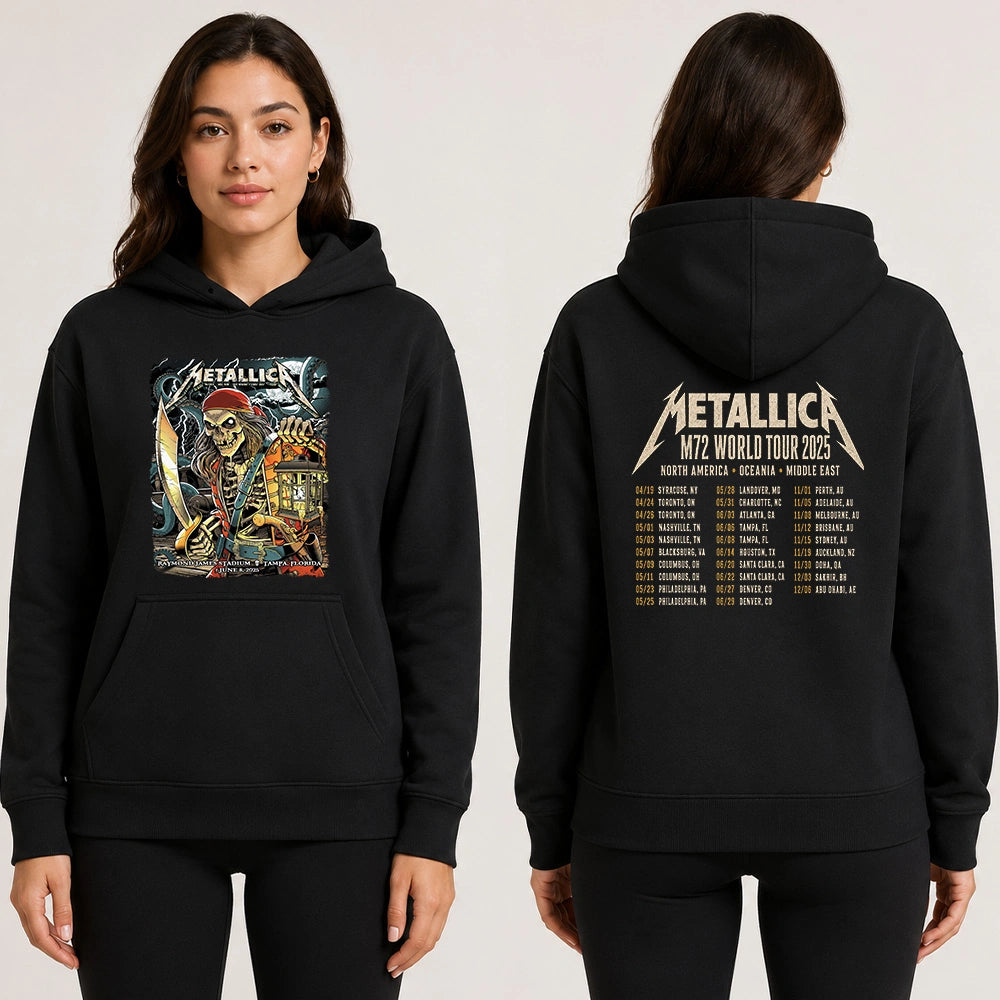 Metallica M72 World Tour June 8 2025 Raymond James Stadium Tampa Florida United States 2 side T-shirt by Andrew Cremeans featuring a skeletal pirate captain with a lantern and cutlass, giant tentacles, lightning, full moon and M72 tour back print.