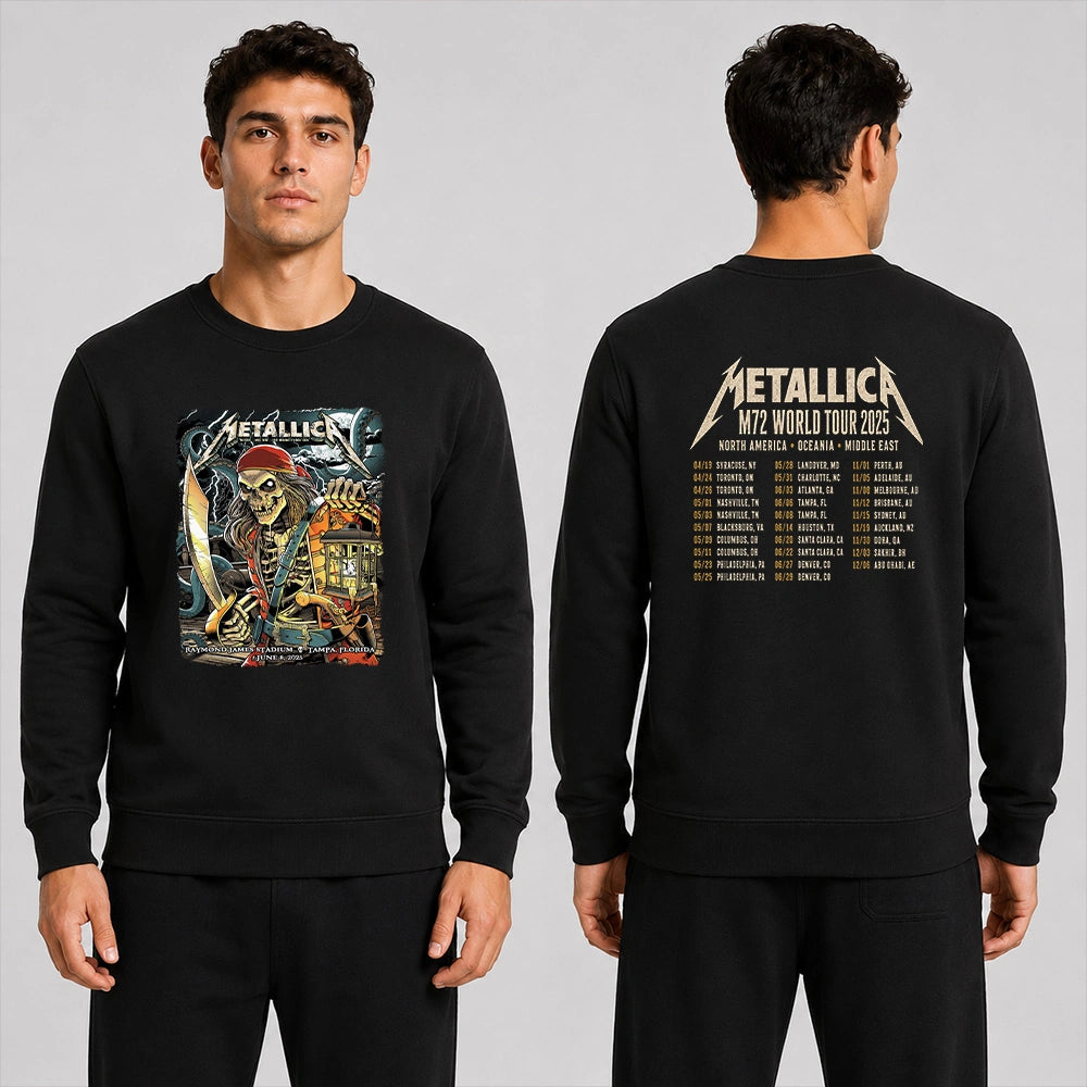 Metallica M72 World Tour June 8 2025 Raymond James Stadium Tampa Florida United States 2 side T-shirt by Andrew Cremeans featuring a skeletal pirate captain with a lantern and cutlass, giant tentacles, lightning, full moon and M72 tour back print.