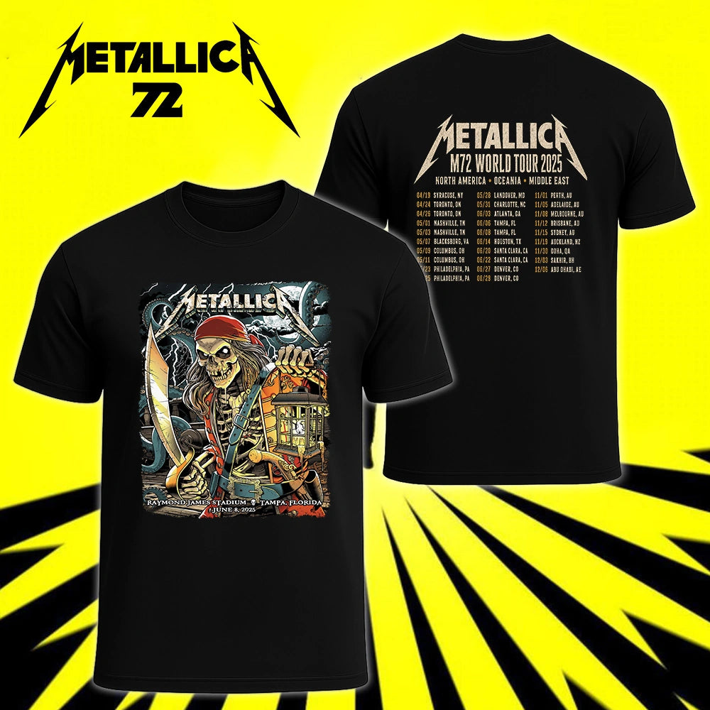 Metallica M72 World Tour June 8 2025 Raymond James Stadium Tampa Florida United States 2 side T-shirt by Andrew Cremeans featuring a skeletal pirate captain with a lantern and cutlass, giant tentacles, lightning, full moon and M72 tour back print.