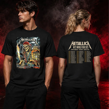 Metallica M72 World Tour June 8 2025 Raymond James Stadium Tampa Florida United States 2 side T-shirt by Andrew Cremeans featuring a skeletal pirate captain with a lantern and cutlass, giant tentacles, lightning, full moon and M72 tour back print.