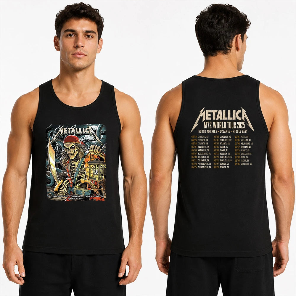 Metallica M72 World Tour June 8 2025 Raymond James Stadium Tampa Florida United States 2 side T-shirt by Andrew Cremeans featuring a skeletal pirate captain with a lantern and cutlass, giant tentacles, lightning, full moon and M72 tour back print.