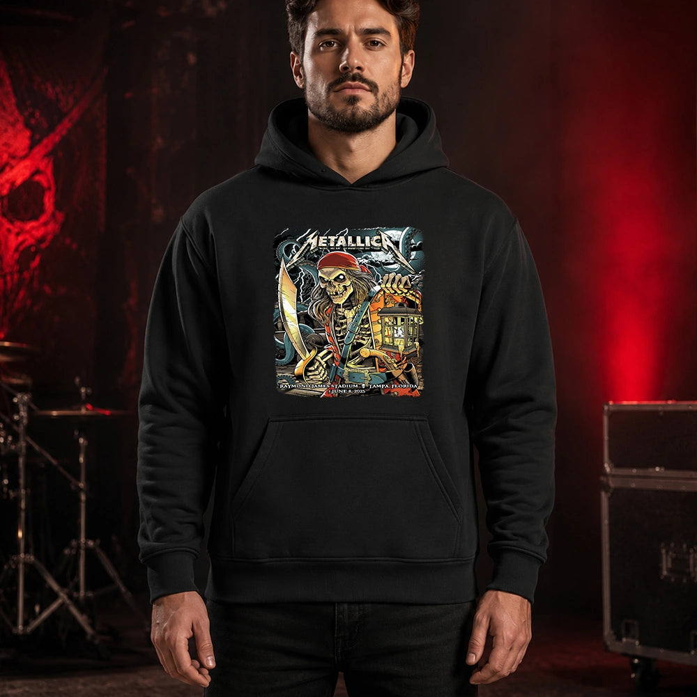 Metallica M72 World Tour June 8 2025 Raymond James Stadium Tampa Florida United States T-shirt by Andrew Cremeans featuring a skeletal pirate captain with a lantern and cutlass, giant tentacles, lightning, full moon and Tampa event text.