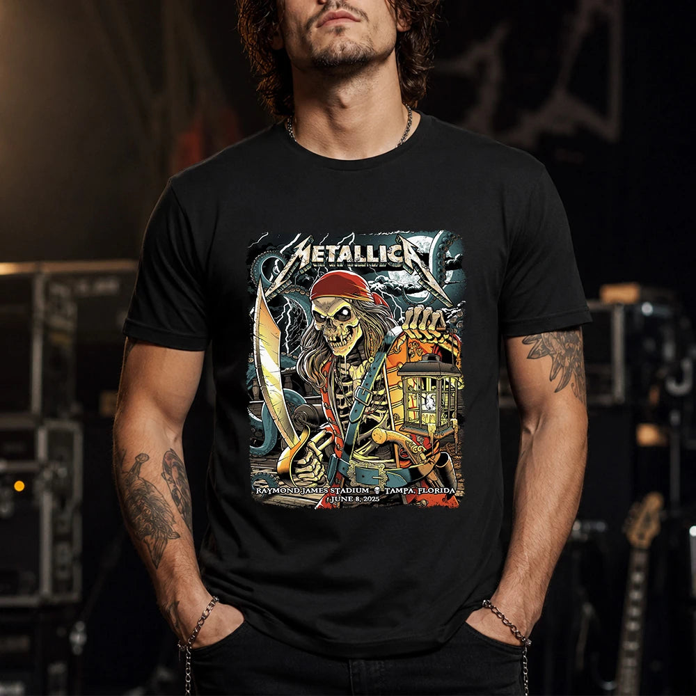 Metallica M72 World Tour June 8 2025 Raymond James Stadium Tampa Florida United States T-shirt by Andrew Cremeans featuring a skeletal pirate captain with a lantern and cutlass, giant tentacles, lightning, full moon and Tampa event text.