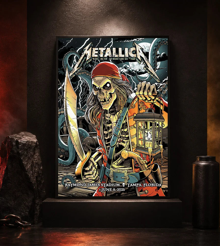 Metallica M72 World Tour June 8 2025 Raymond James Stadium Tampa Florida United States poster canvas featuring a skeletal pirate captain with a lantern and cutlass, giant tentacles, lightning, full moon and Tampa event text.